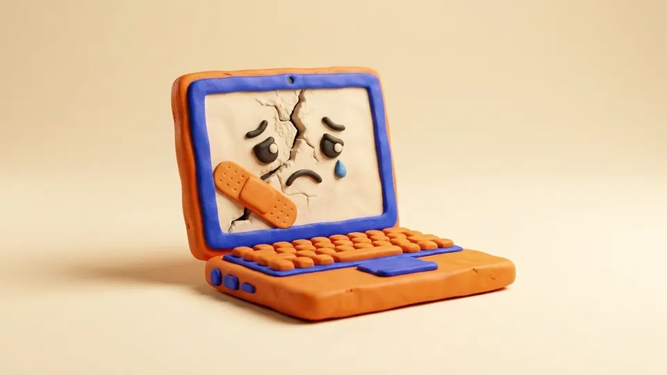 Antes: portátil de plastilina con la pantalla rota