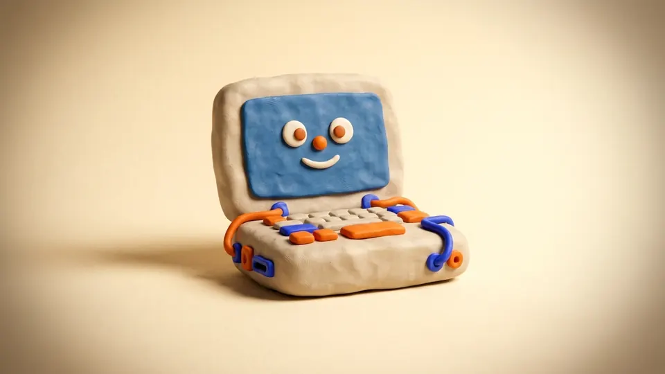 Portátil de plastilina con una tirita naranja en la pantalla