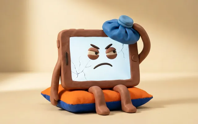 Tablet de plastilina con la pantalla rota y una bolsa de hielo en la cabeza