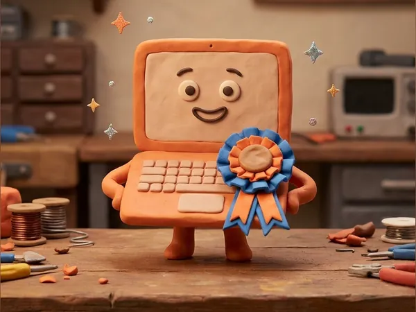 Portátil de plastilina reparado y contento con una escarapela naranja