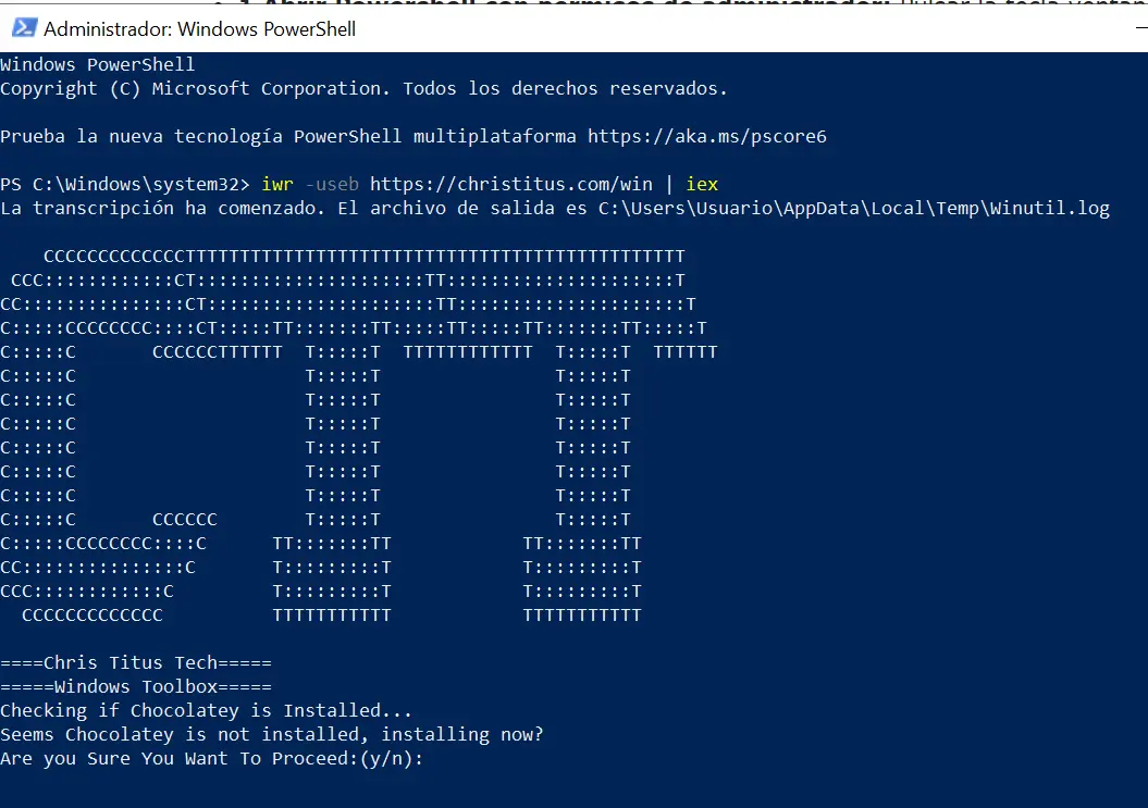 ChrisTitus-debloat-windows10-powershell Ventana de Powershell con Christitus Debloat