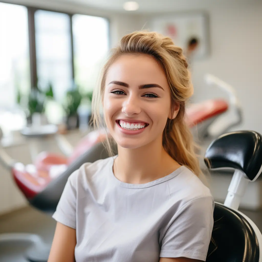 Chica en Clínica dental sonriendo, generada por Ia