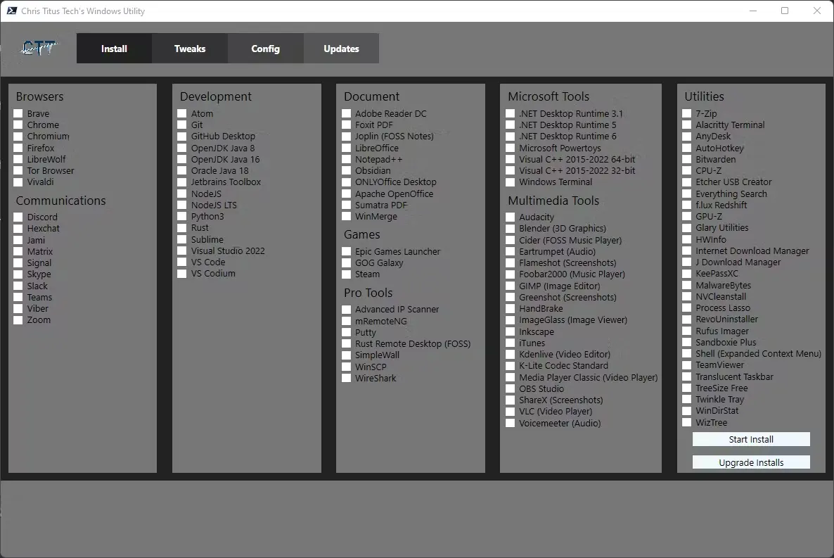 Pantalla-Debloat-Christitus-windows 10-11 menu de la herramienta Debloat de ChrisTitus para Windows 10