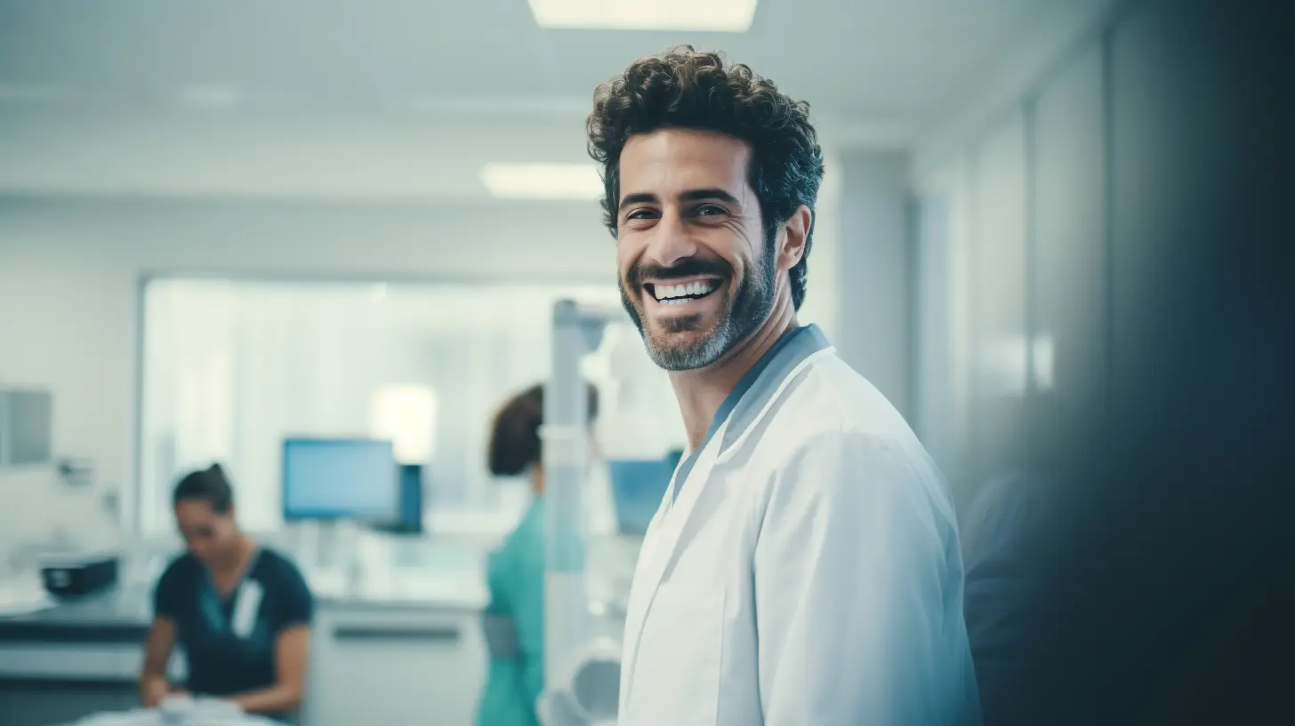 dentista sonriendo en una consulta dental