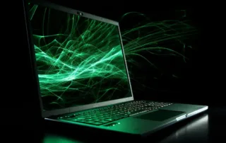 Un portátil con líneas verdes en la pantalla