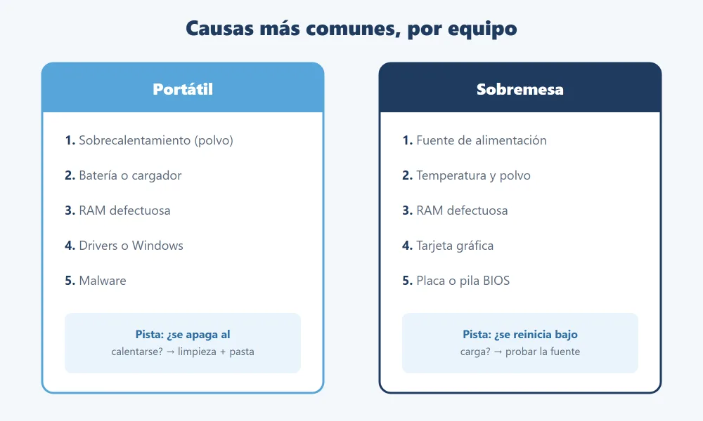 Causas más comunes de apagones y reinicios por equipo: en portátil destaca el sobrecalentamiento y en sobremesa la fuente de alimentación