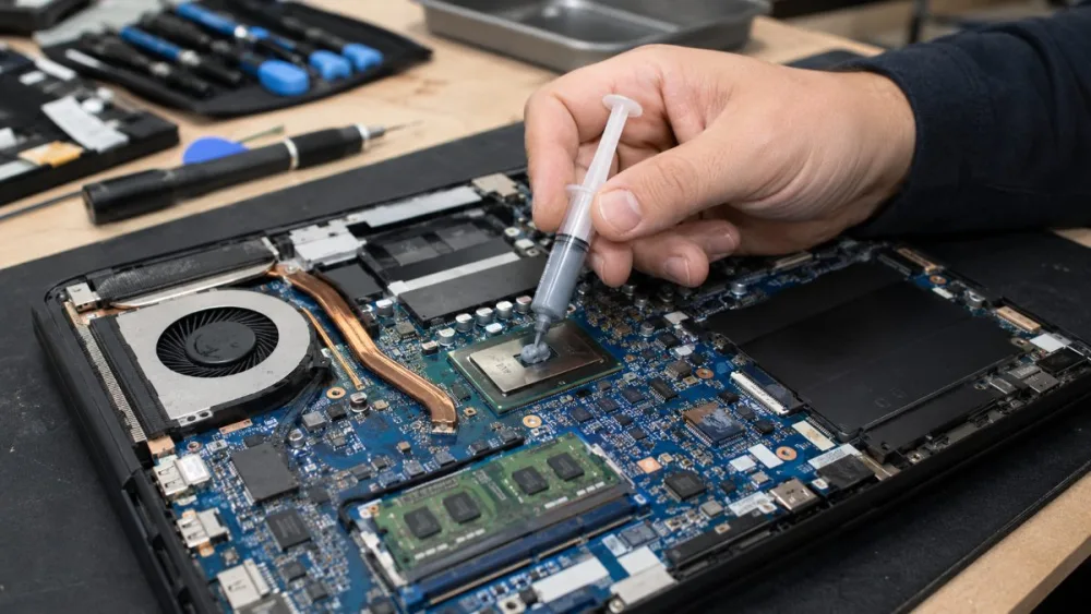 Técnico aplicando pasta térmica en la CPU de un portátil que se apaga solo — taller Mundo Informática Sevilla