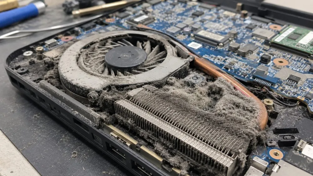 Ventilador y disipador de portátil cubiertos de polvo que causan sobrecalentamiento y apagones repentinos