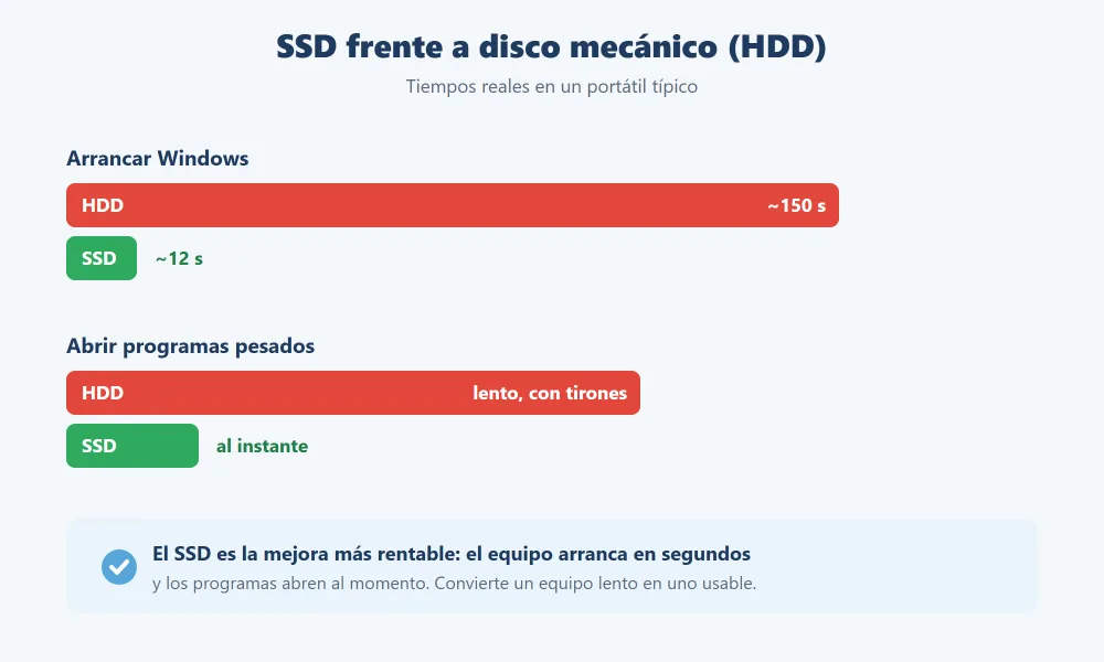 Comparativa de tiempos: un SSD arranca Windows en unos 12 segundos frente a unos 150 segundos de un disco duro mecánico
