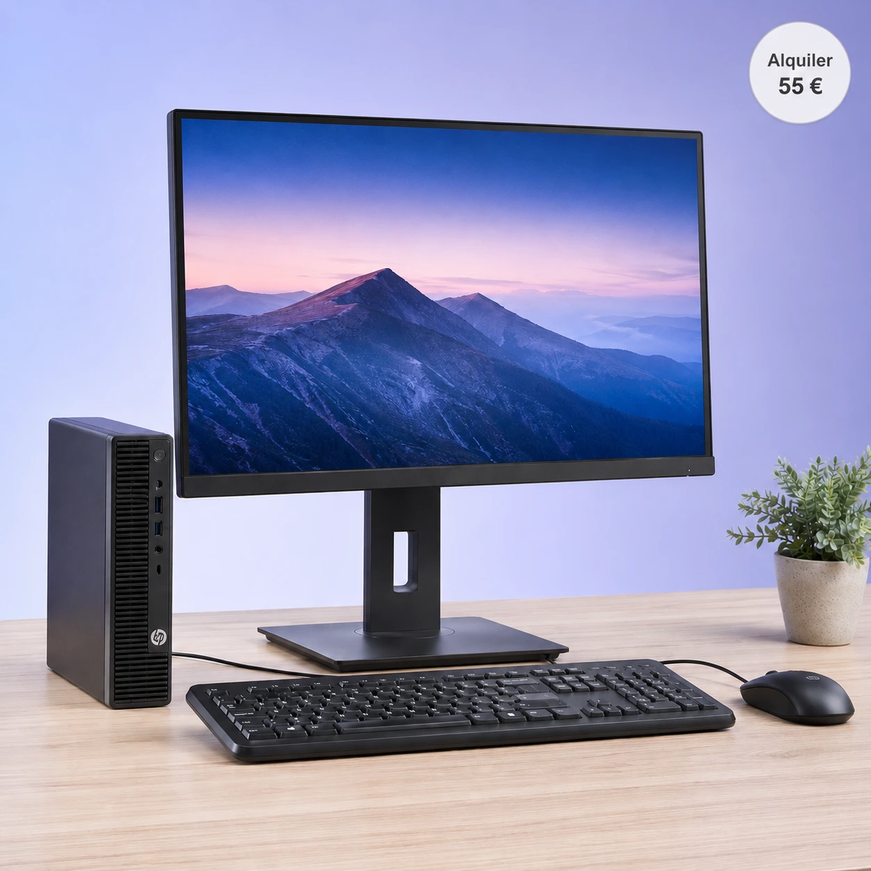 Kit Teletrabajo en renting en Sevilla: mini PC HP, monitor Fujitsu 24 pulgadas y teclado y ratón Logitech