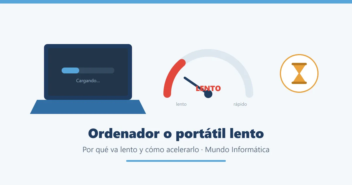 Ilustración de un ordenador y un portátil lentos con un velocímetro y un reloj de arena