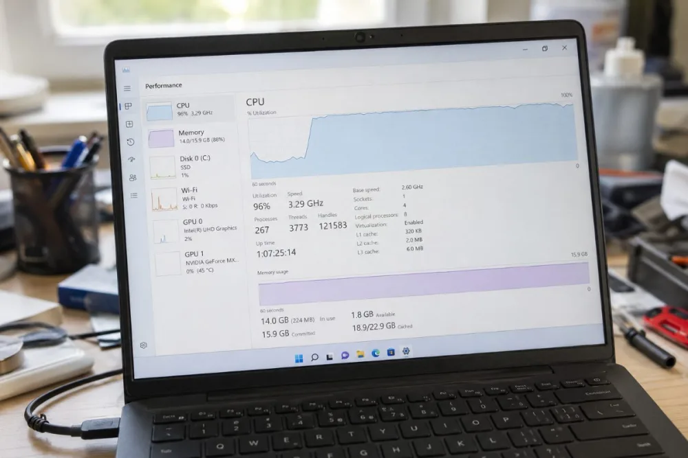 Pantalla de portátil con el administrador de tareas de Windows mostrando CPU y RAM al máximo — portátil lento Sevilla