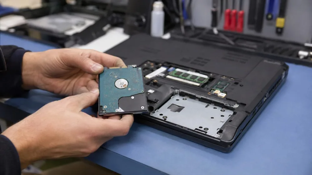 Técnico del taller Mundo Informática en Sevilla sosteniendo un disco duro HDD junto a un portátil lento abierto