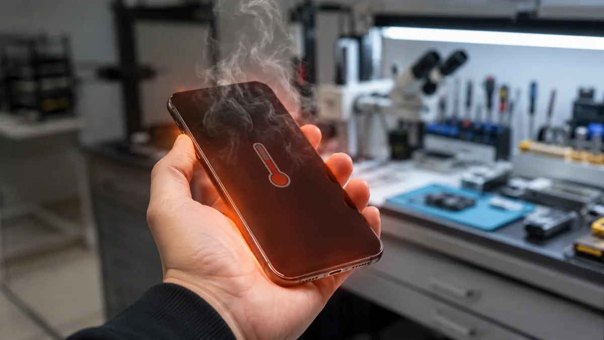 Mano sosteniendo móvil sobrecalentado con indicador de temperatura en taller de reparaciones