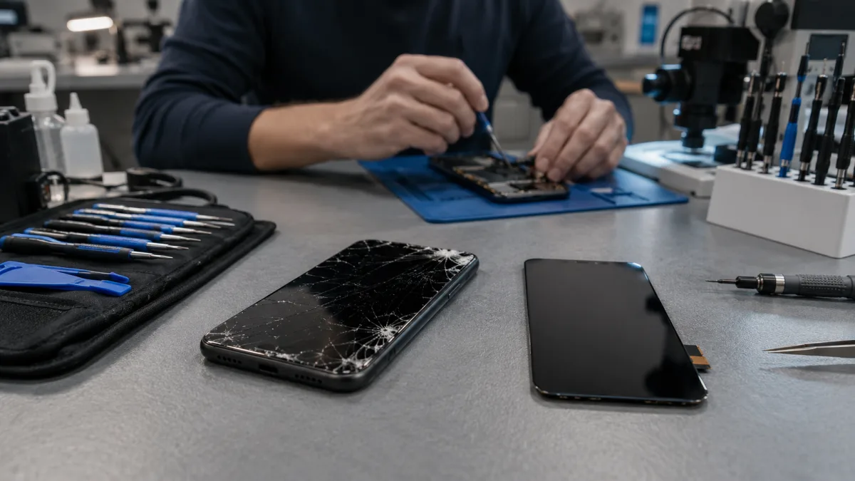 Smartphone con pantalla rota sobre mesa de taller junto a pantalla de repuesto nueva