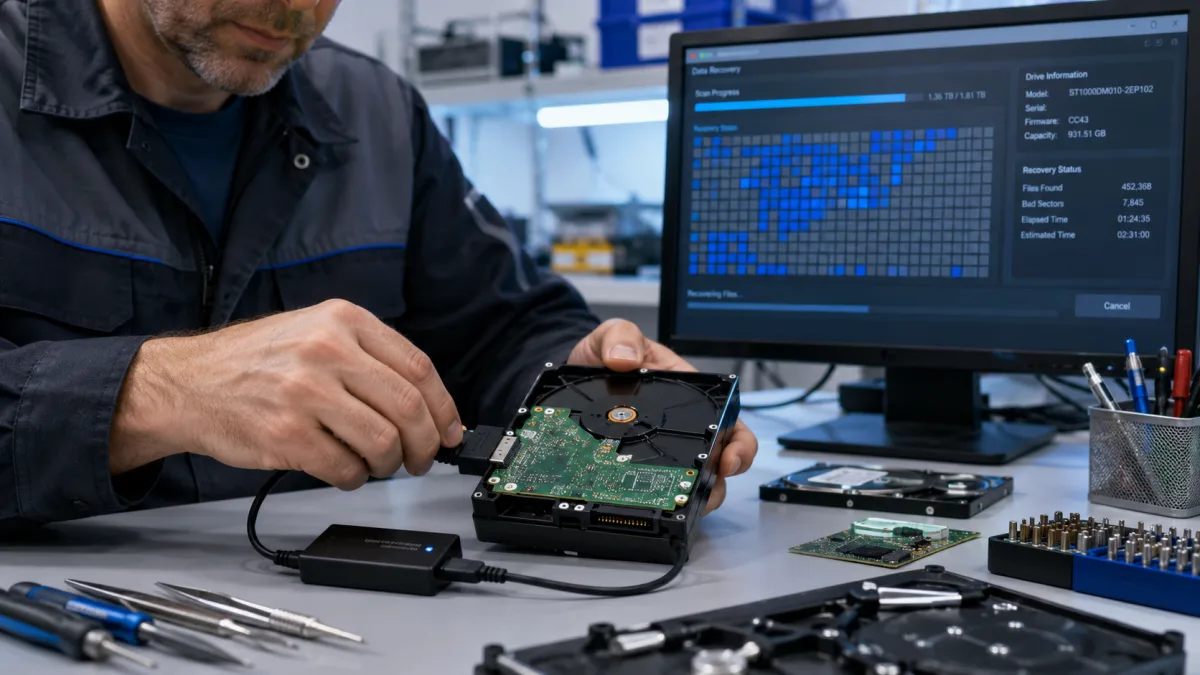 Técnico conectando disco duro averiado a adaptador USB para recuperación de datos