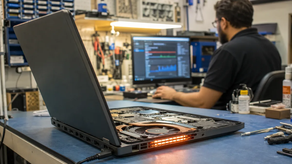 Portátil sobrecalentado en taller de reparaciones con técnico revisando temperatura