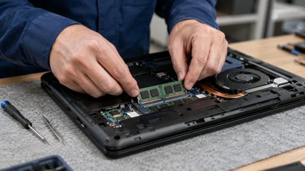 Técnico reasentando un módulo de memoria RAM en un portátil, causa frecuente de cuelgues