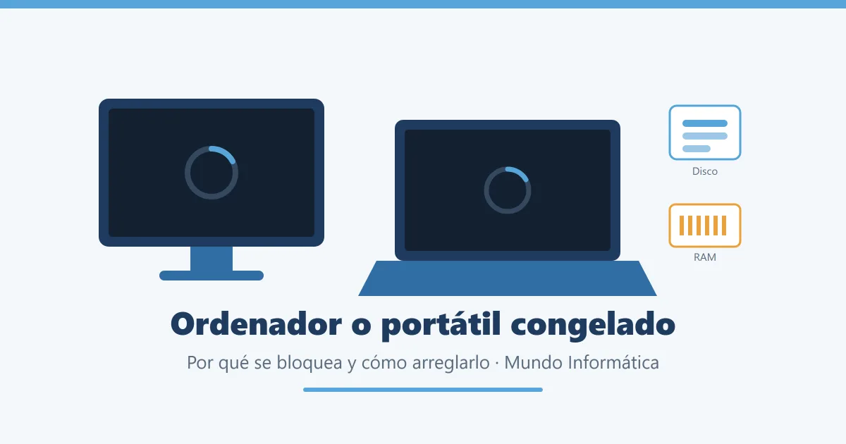 Ordenador y portátil congelados con icono de carga e iconos de disco y RAM como causas