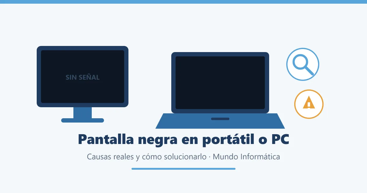 Portátil y ordenador de sobremesa con la pantalla en negro junto a iconos de diagnóstico