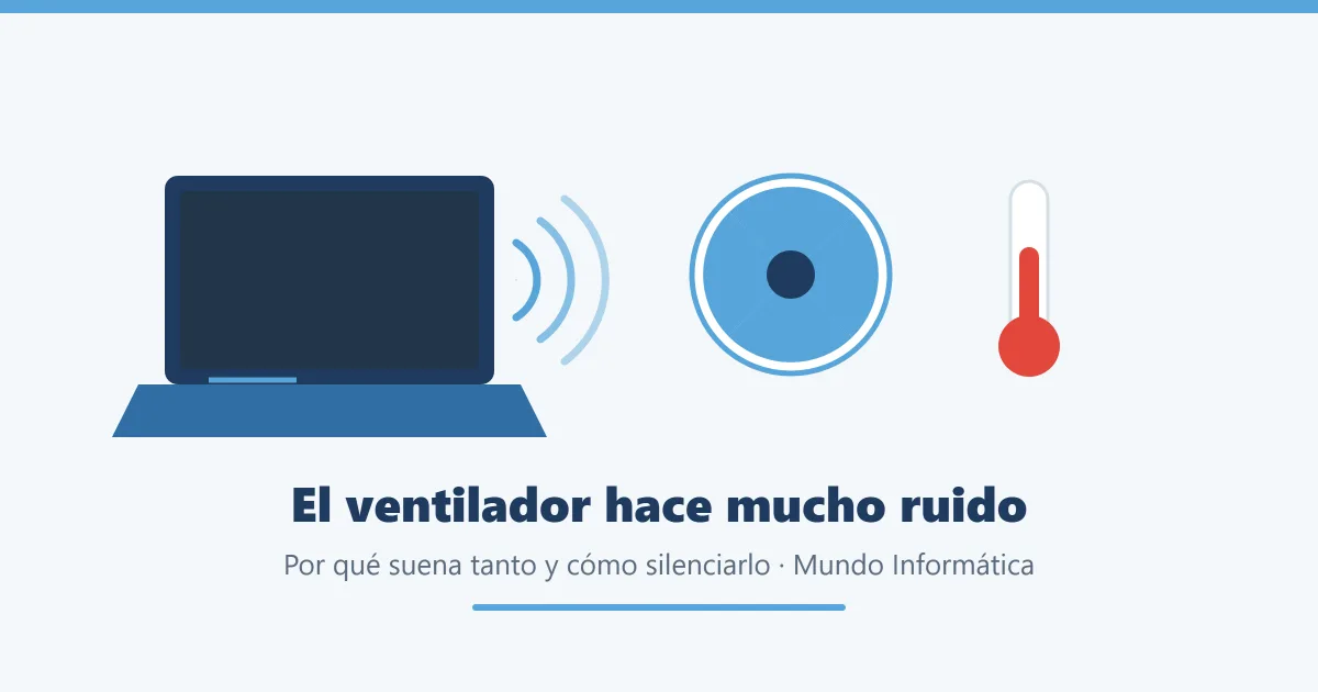 Portátil con ondas de sonido saliendo del ventilador y un termómetro en rojo por el calor