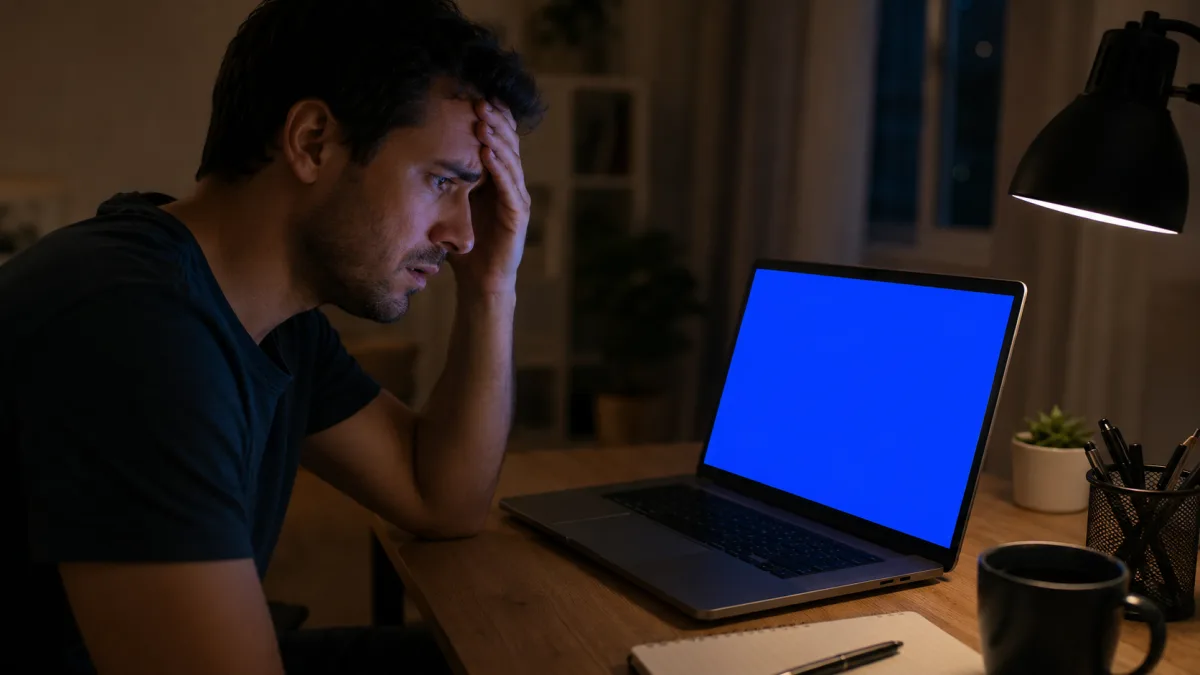 Persona preocupada ante un portátil con pantalla azul de Windows — diagnóstico en Sevilla