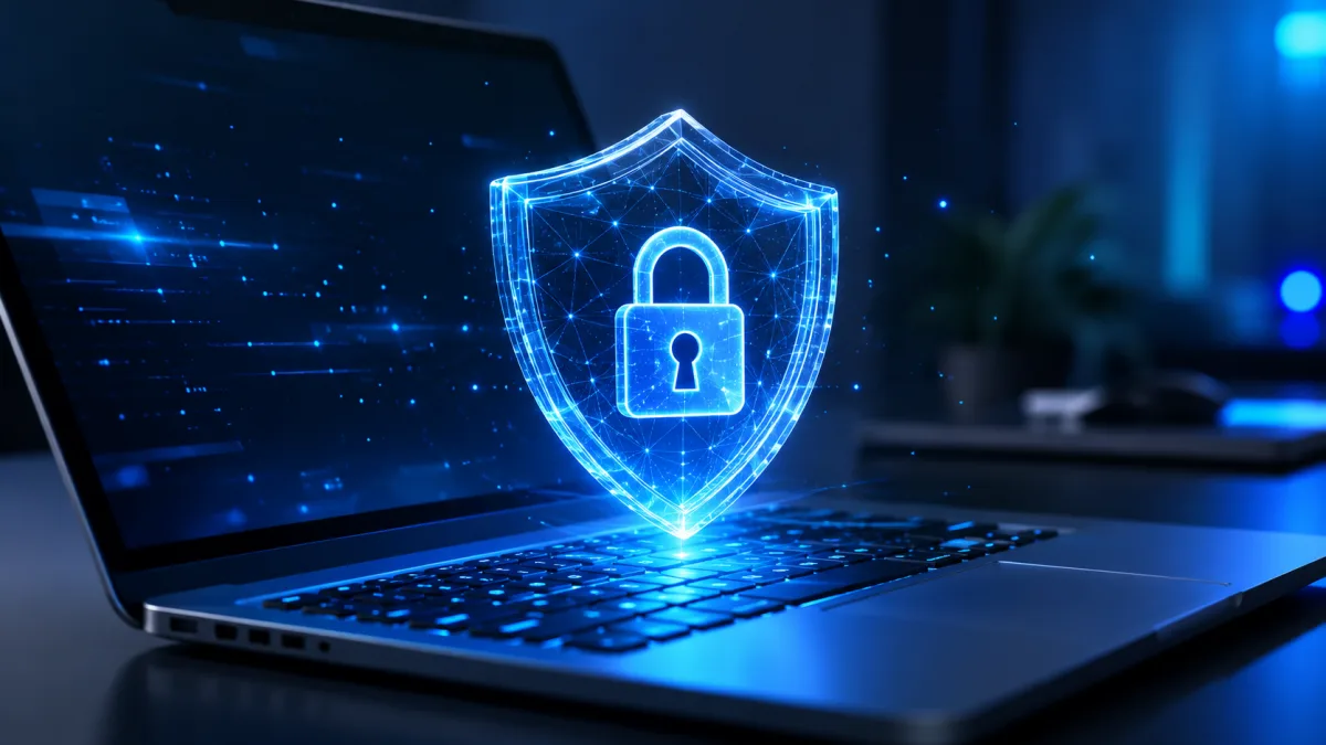 Escudo de seguridad digital con candado sobre un portátil — quitar virus del ordenador en Sevilla