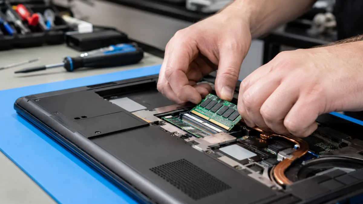 Técnico insertando un módulo de memoria RAM en un portátil — ampliación de RAM en Sevilla