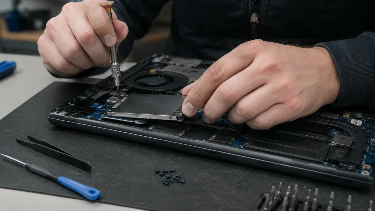 Técnico instalando un SSD en un portátil en el taller — cambio de disco duro por SSD en Sevilla